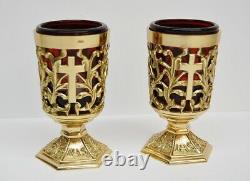 Pair Of Brass Votive Candle Holders With Red Glass #284