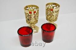 Pair Of Brass Votive Candle Holders With Red Glass #284