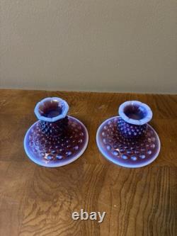 Pair Of Fenton Plum Opalescent Hobnail Candle Holders Gorgeous