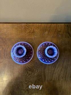 Pair Of Fenton Plum Opalescent Hobnail Candle Holders Gorgeous