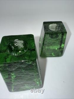 Pair Of Fire And Light Recycled Art Glass Candle Holders Olive Green Signed Gift