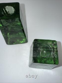 Pair Of Fire And Light Recycled Art Glass Candle Holders Olive Green Signed Gift