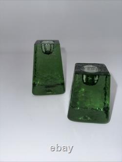 Pair Of Fire And Light Recycled Art Glass Candle Holders Olive Green Signed Gift