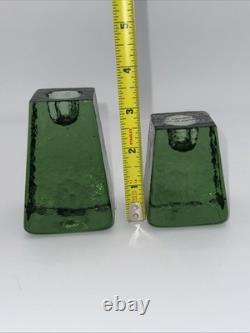 Pair Of Fire And Light Recycled Art Glass Candle Holders Olive Green Signed Gift