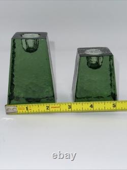 Pair Of Fire And Light Recycled Art Glass Candle Holders Olive Green Signed Gift