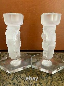 Pair Of Lalique France Mesanges Frosted Crystal Birds Candle Holders Vintage