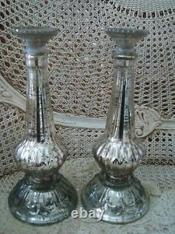 Pair Of Large Aged Shabby Mercury Glass Candle Holders So Chic