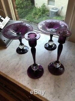 Pair Of Pairpoint Amethyst Controlled Bubble Compotes Engraved With Candlesticks