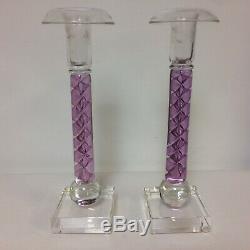 Pair Of Pink Twisted Ribbon Hand Made Art Glass Candlesticks Signed PA Art'92