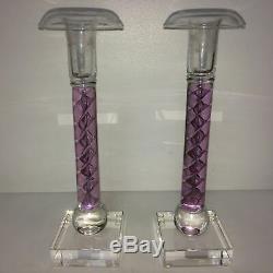 Pair Of Pink Twisted Ribbon Hand Made Art Glass Candlesticks Signed PA Art'92