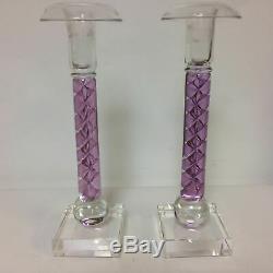 Pair Of Pink Twisted Ribbon Hand Made Art Glass Candlesticks Signed PA Art'92