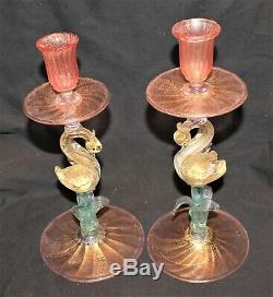 Pair Of Salviati Swan Candleholders 3 Color Venetian Murano