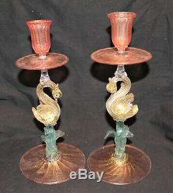 Pair Of Salviati Swan Candleholders 3 Color Venetian Murano