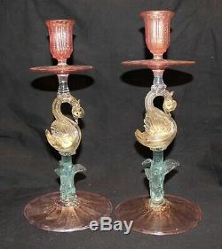 Pair Of Salviati Swan Candleholders 3 Color Venetian Murano