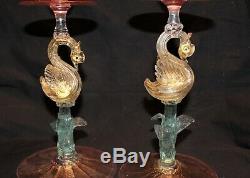 Pair Of Salviati Swan Candleholders 3 Color Venetian Murano