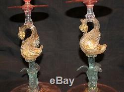 Pair Of Salviati Swan Candleholders 3 Color Venetian Murano