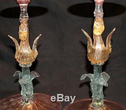 Pair Of Salviati Swan Candleholders 3 Color Venetian Murano