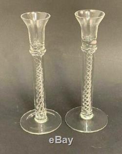 Pair Of Vintage Crystal Art Glass Candlesticks With Double Helix Air Twist Stem