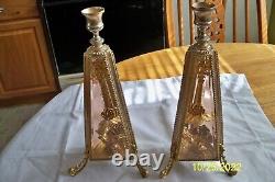 Pair Of Vintage Gold Ormolu 3 Sided Pink Glass Candlesticks With Floral Design