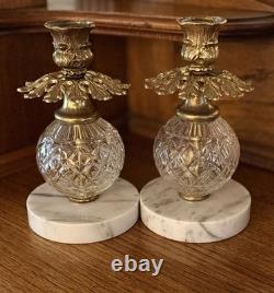 Pair Of Vintage Hollywood Regency Glass, Gilt, and Marble Candle Holders
