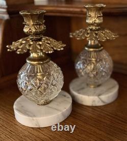 Pair Of Vintage Hollywood Regency Glass, Gilt, and Marble Candle Holders