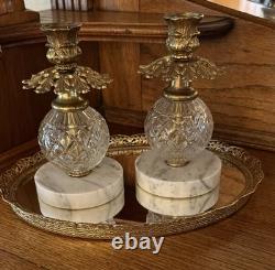 Pair Of Vintage Hollywood Regency Glass, Gilt, and Marble Candle Holders