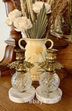 Pair Of Vintage Hollywood Regency Glass, Gilt, and Marble Candle Holders