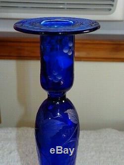 Pair PAIRPOINT Cobalt Blue Glass Grape & Leaves Tall Candle Holder Candlesticks
