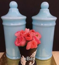 Pair Portieux Vallerysthal Blue Opaline Glass Apothecary Jars With Lids