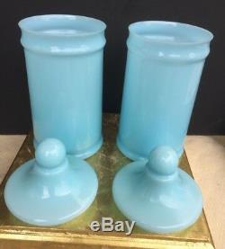 Pair Portieux Vallerysthal Blue Opaline Glass Apothecary Jars With Lids