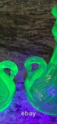 Pair Rare Cambridge Green Vaseline Uranium Glass Swan Candle Holders 6 3/8t