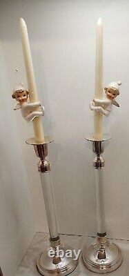 Pair Restoration Hardware Candle Holders Retired Line Rose Silverplate w Candle