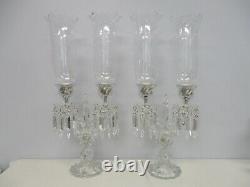 Pair Signed Baccarat Crystal Bambous 2 Light Candelabras Etched Hurricane Shades