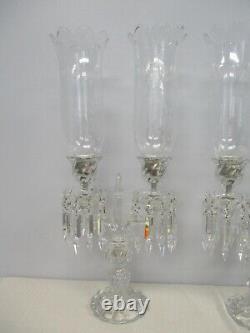 Pair Signed Baccarat Crystal Bambous 2 Light Candelabras Etched Hurricane Shades