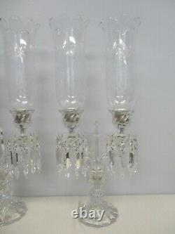 Pair Signed Baccarat Crystal Bambous 2 Light Candelabras Etched Hurricane Shades