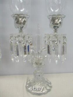 Pair Signed Baccarat Crystal Bambous 2 Light Candelabras Etched Hurricane Shades