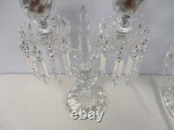 Pair Signed Baccarat Crystal Bambous 2 Light Candelabras Etched Hurricane Shades