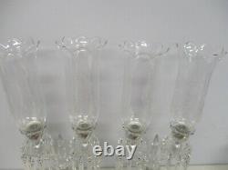 Pair Signed Baccarat Crystal Bambous 2 Light Candelabras Etched Hurricane Shades