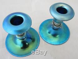 Pair Signed Steuben Blue Aurene Art Glass 4 Candlesticks Candle Holders #6384