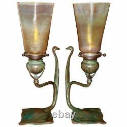 Pair Tiffany Studios Cobra Bronze Candlesticks with L. C. T. Favrile Lamp Shades