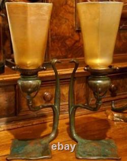 Pair Tiffany Studios Cobra Bronze Candlesticks with L. C. T. Favrile Lamp Shades