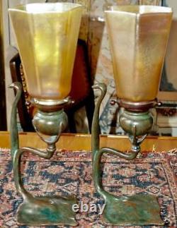 Pair Tiffany Studios Cobra Bronze Candlesticks with L. C. T. Favrile Lamp Shades