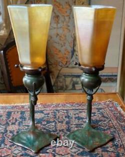 Pair Tiffany Studios Cobra Bronze Candlesticks with L. C. T. Favrile Lamp Shades