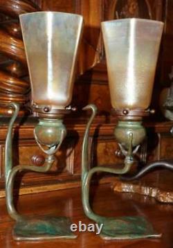 Pair Tiffany Studios Cobra Bronze Candlesticks with L. C. T. Favrile Lamp Shades