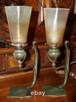 Pair Tiffany Studios Cobra Bronze Candlesticks with L. C. T. Favrile Lamp Shades