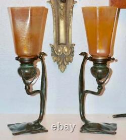 Pair Tiffany Studios Cobra Bronze Candlesticks with L. C. T. Favrile Lamp Shades