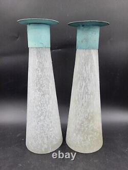 Pair Toyo Scavo Glass Verdigris Bronze Asymmetrical Candle Holders Candlesticks
