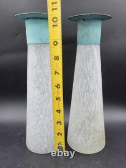 Pair Toyo Scavo Glass Verdigris Bronze Asymmetrical Candle Holders Candlesticks