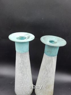 Pair Toyo Scavo Glass Verdigris Bronze Asymmetrical Candle Holders Candlesticks