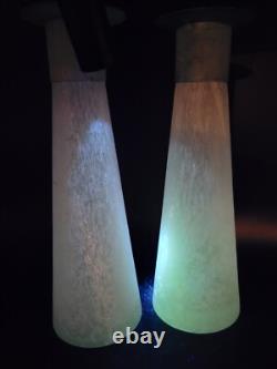 Pair Toyo Scavo Glass Verdigris Bronze Asymmetrical Candle Holders Candlesticks
